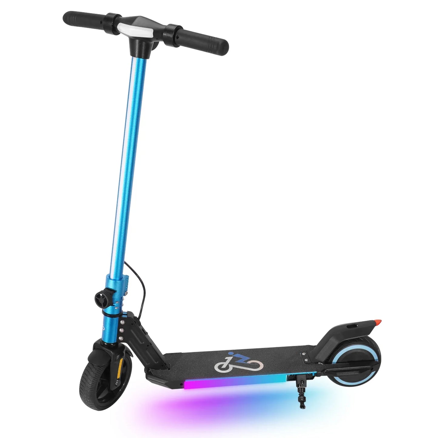 Blue electric scooter with black deck, LED lights underneath, and rubber handle grips