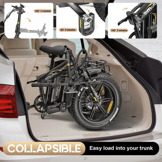 Folded Emoko electric bike inside car trunk with foldable pedals and handlebars for easy transport