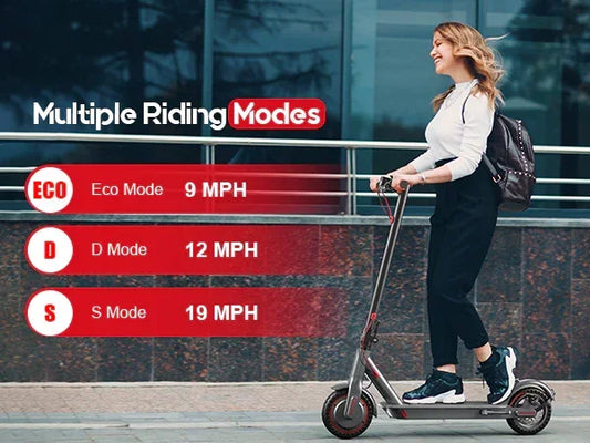 Woman riding electric scooter outdoors showcasing multiple riding modes with speeds 9, 12, and 19 MPH