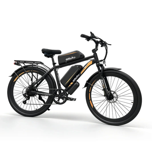 Black Emoko electric bike with orange accents, rear rack, fenders, and dual battery packs