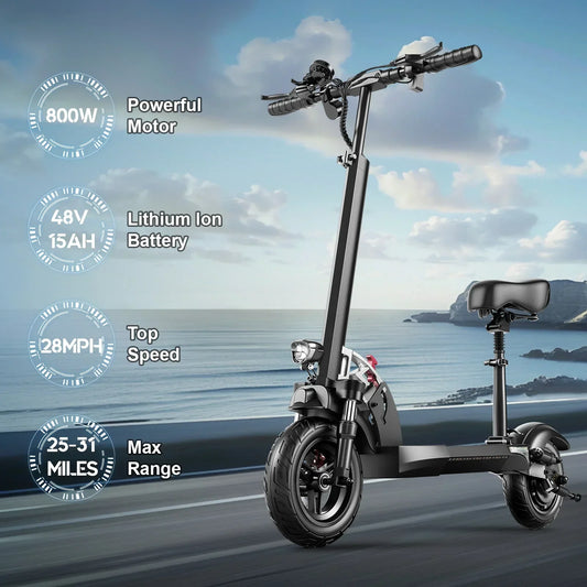 Black electric scooter with seat by the seaside, featuring 800W motor, 48V lithium battery, 28MPH speed, 25-31 miles range