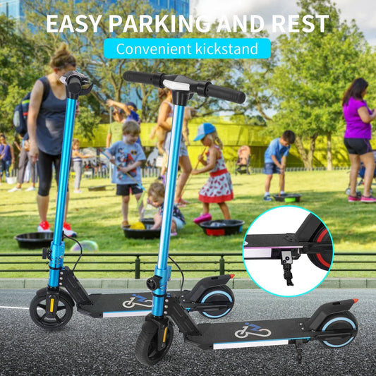 Blue electric scooters with convenient kickstand showing easy parking and resting, outdoor park background