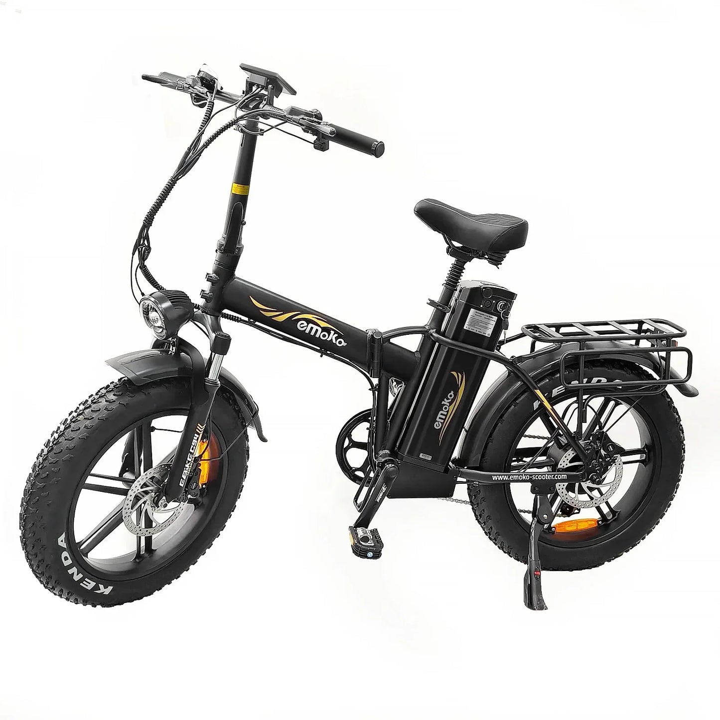 Black Emoko electric bike with fat Kenda tires, rear rack, and padded seat on white background