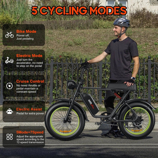 Man wearing helmet standing beside a black Emoka electric bike with green-rimmed tires on a street