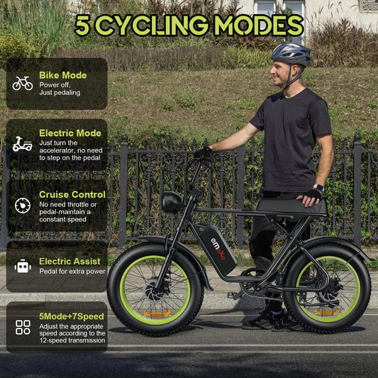 Man wearing helmet standing next to black electric bike with lime green rims and 5 cycling modes listed