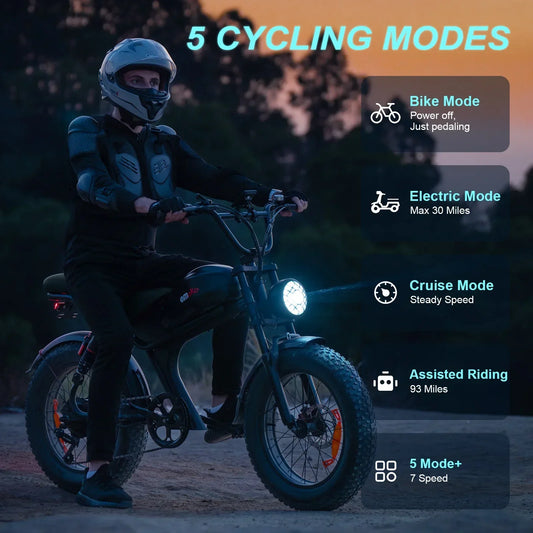 Man in helmet rides electric bike at dusk, highlighting 5 cycling modes and bike features.