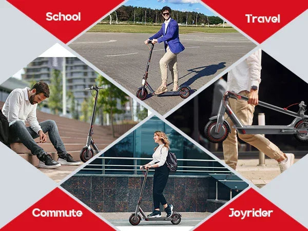 Collage of people riding electric scooters for school, travel, commute, and joyriding in urban settings