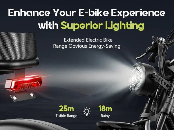 Electric bike showcasing superior front and rear lighting for extended 25m visibility and energy saving
