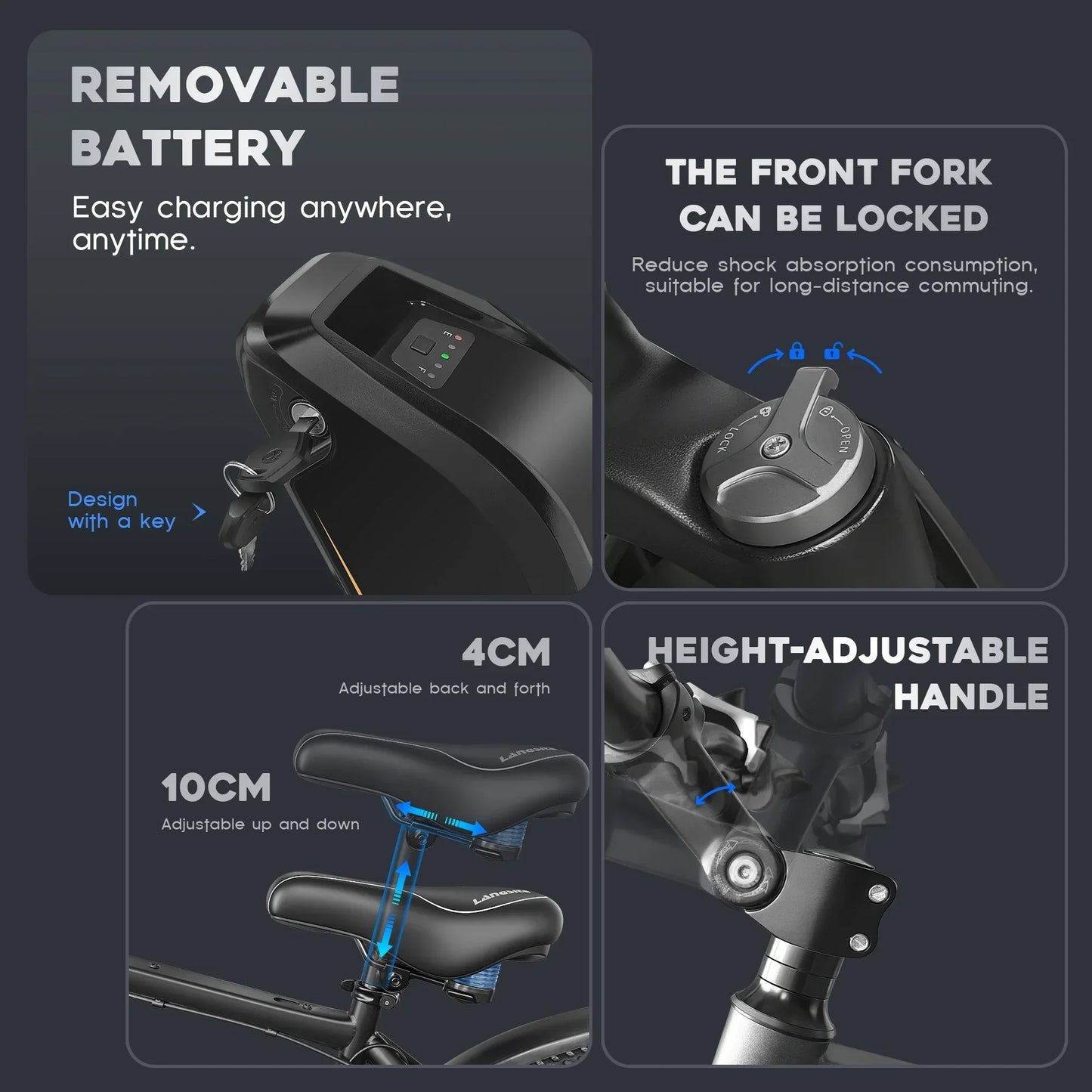 Electric bike features removable battery with key, lockable front fork, adjustable seat and height-adjustable handle