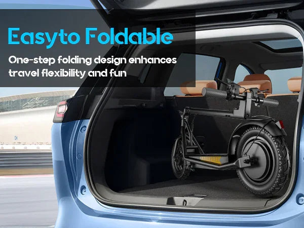 Foldable electric bike stored inside the trunk of a modern blue SUV, showcasing one-step folding design