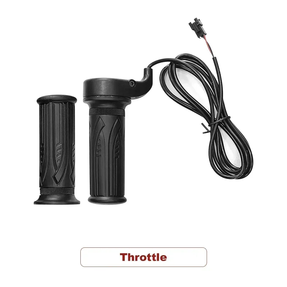 Black electric bike throttle handle with wiring harness and matching grip on white background