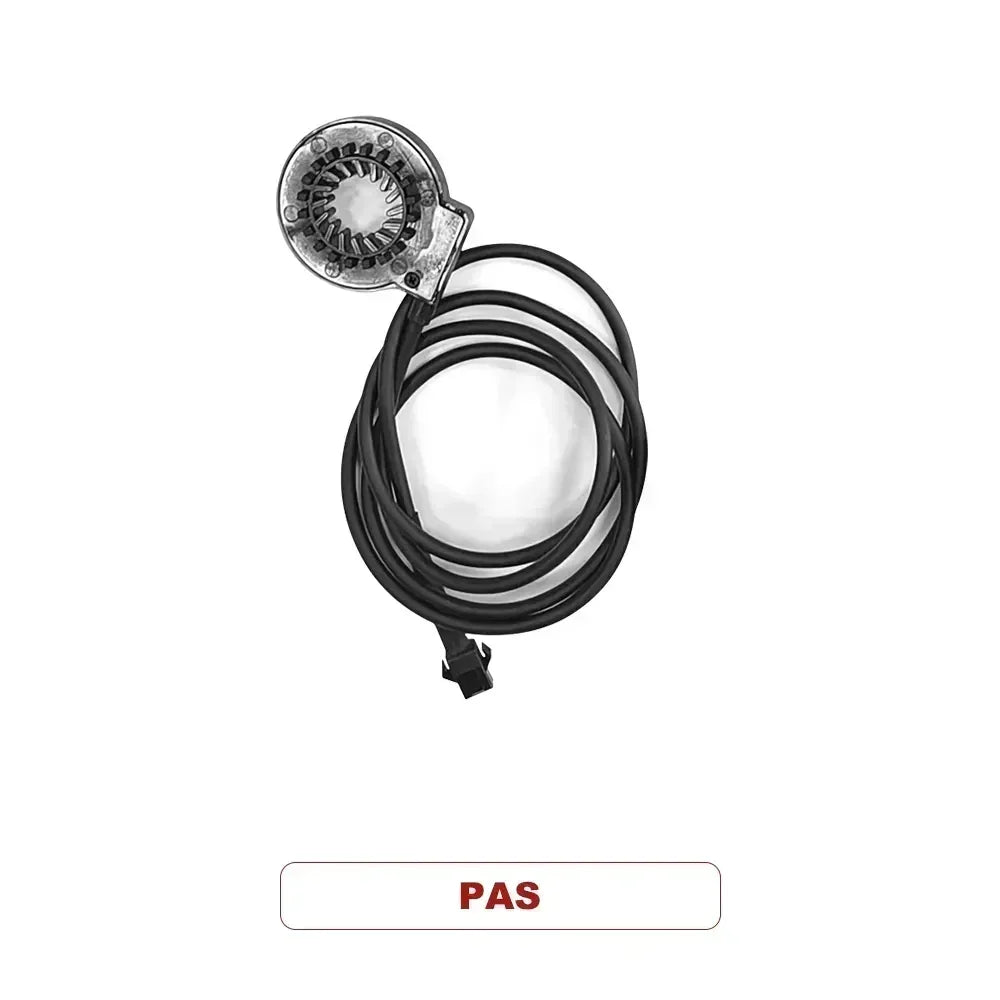 Black PAS sensor cable with circular metal connector on white background