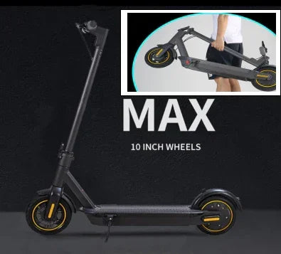 Black electric scooter with 10 inch wheels and foldable design shown in side view and folded for carrying