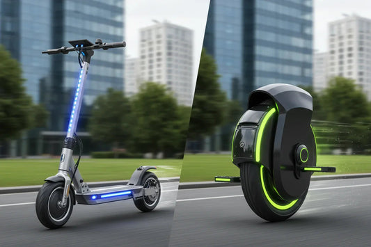 Split-screen image comparing a modern electric scooter with blue LED lights and a sleek black electric unicycle with green LED accents on city street