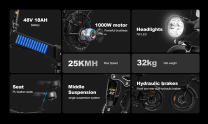 Electric bike features: 48V 18AH battery, 1000W brushless motor, 7W LED headlights, 25KMH max speed, 32kg weight, PU leather seat, middle suspension, hydraulic brakes