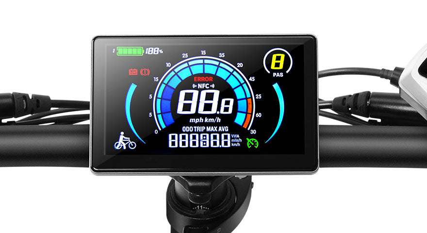 Electric bike handlebar LCD display showing speed, battery level, error message, and PAS mode