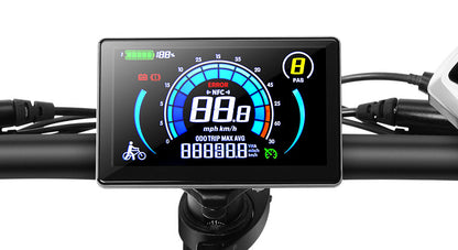 Electric bike handlebar LCD display showing speed, battery level, error message, and PAS mode
