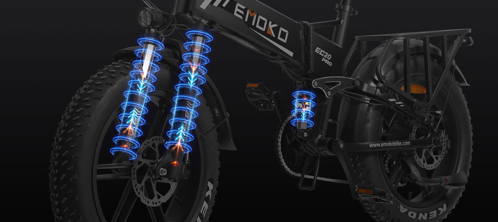 Close-up of black Emoko EC20 Pro electric bike suspension system with illustrated blue shock absorbers