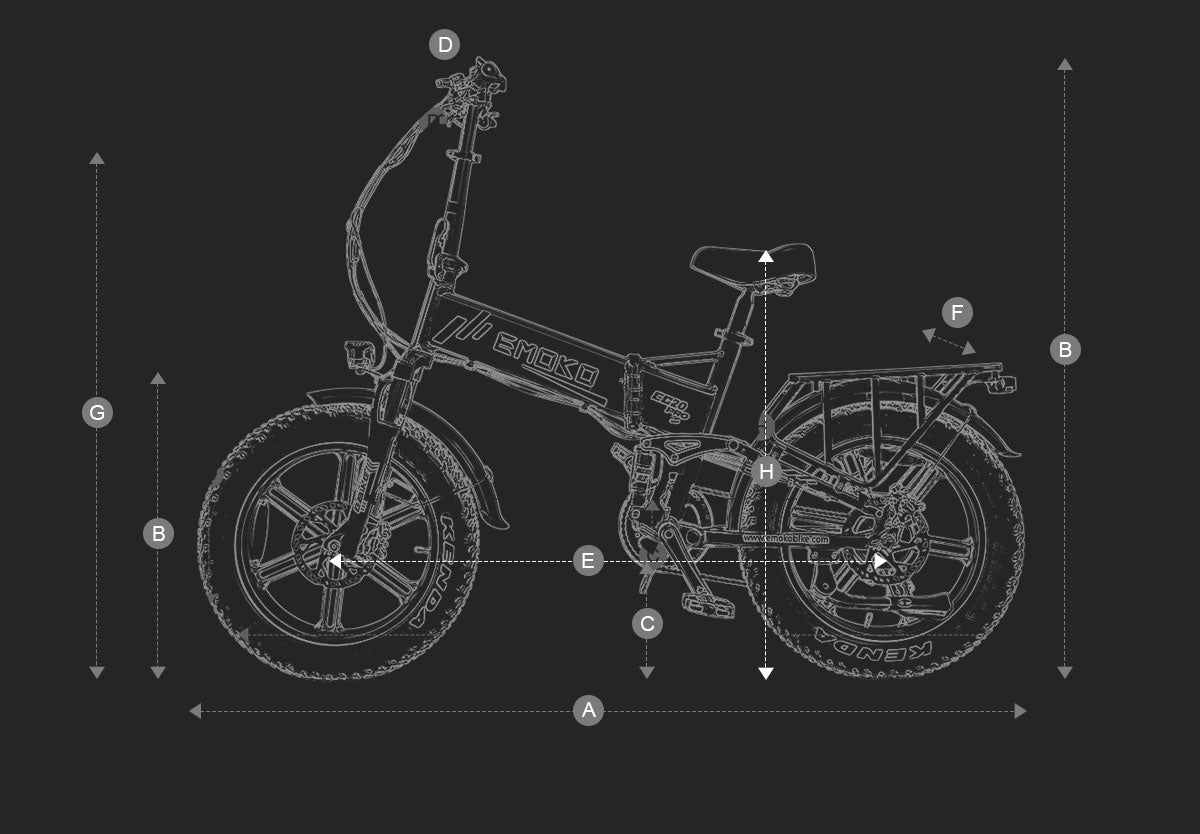 Technical blueprint drawing of Emoko electric foldable bike with measurement markers