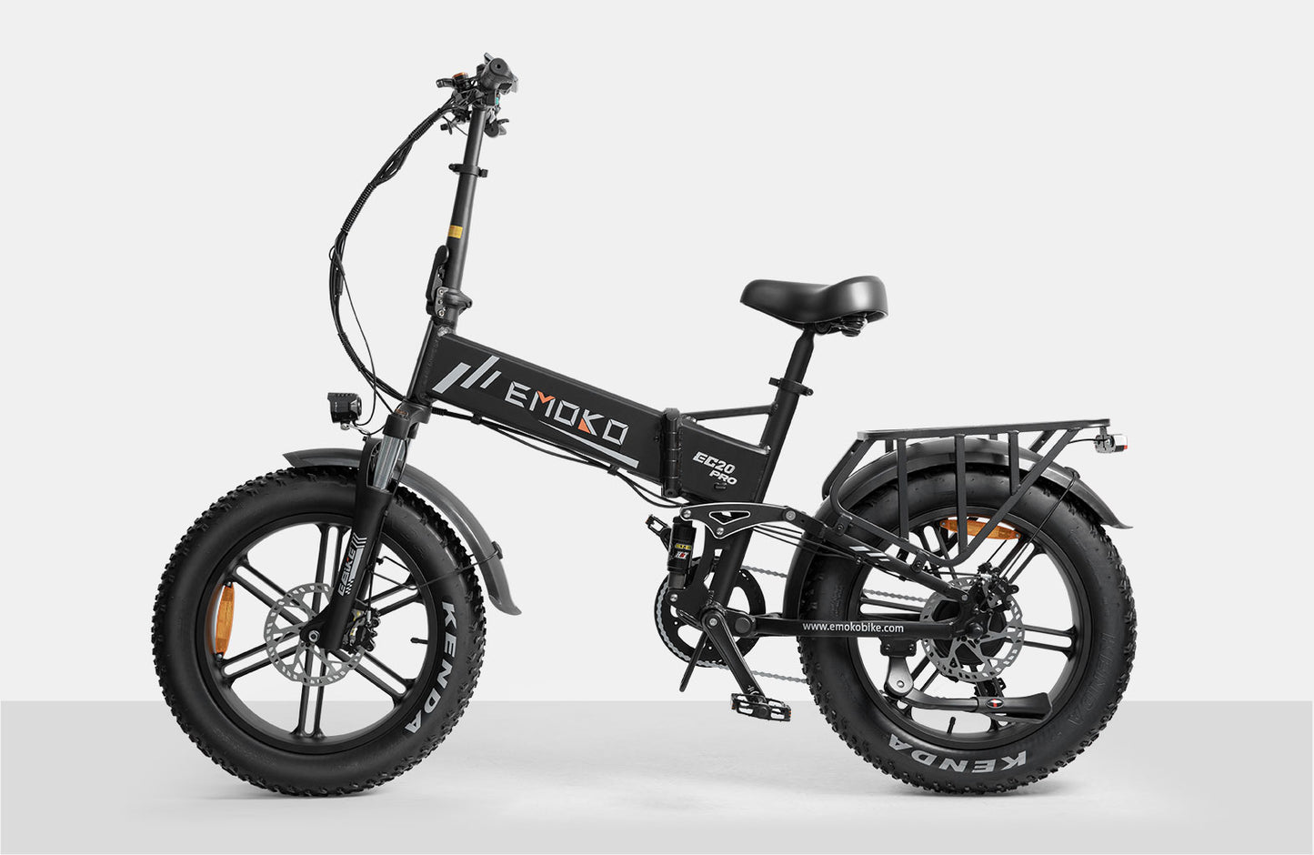 Black Emoko EC20 Pro foldable electric bike with fat Kenda tires and rear cargo rack on white background