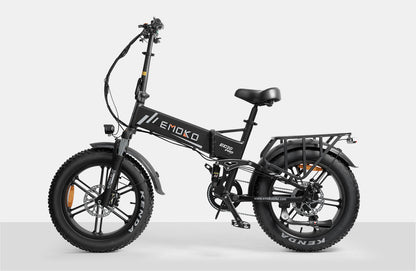 Black Emoko EC20 Pro foldable electric bike with fat Kenda tires and rear cargo rack on white background