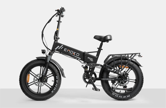 Black Emoko EC20 Pro foldable electric bike with fat Kenda tires and rear cargo rack on white background